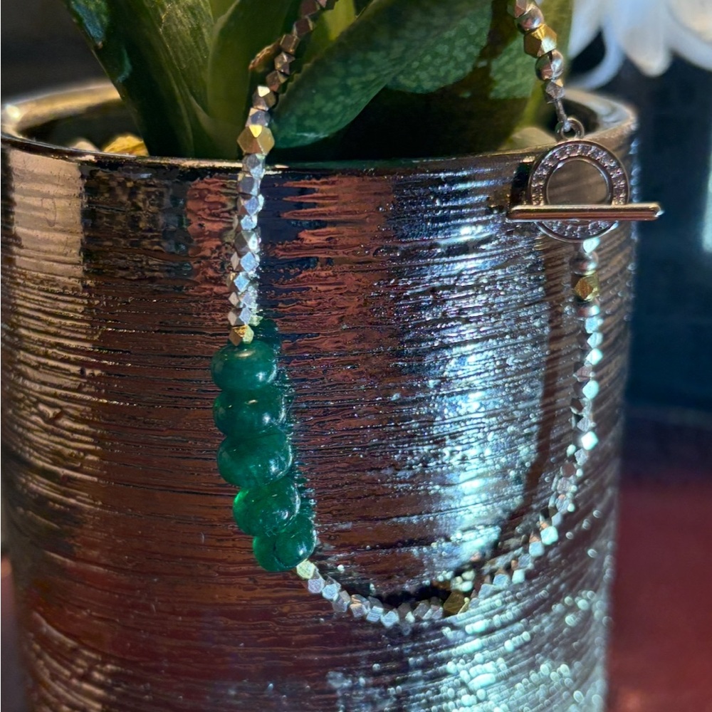 Dainty Genuine Emerald Layering Bracelet Green & Silver Faceted Beads